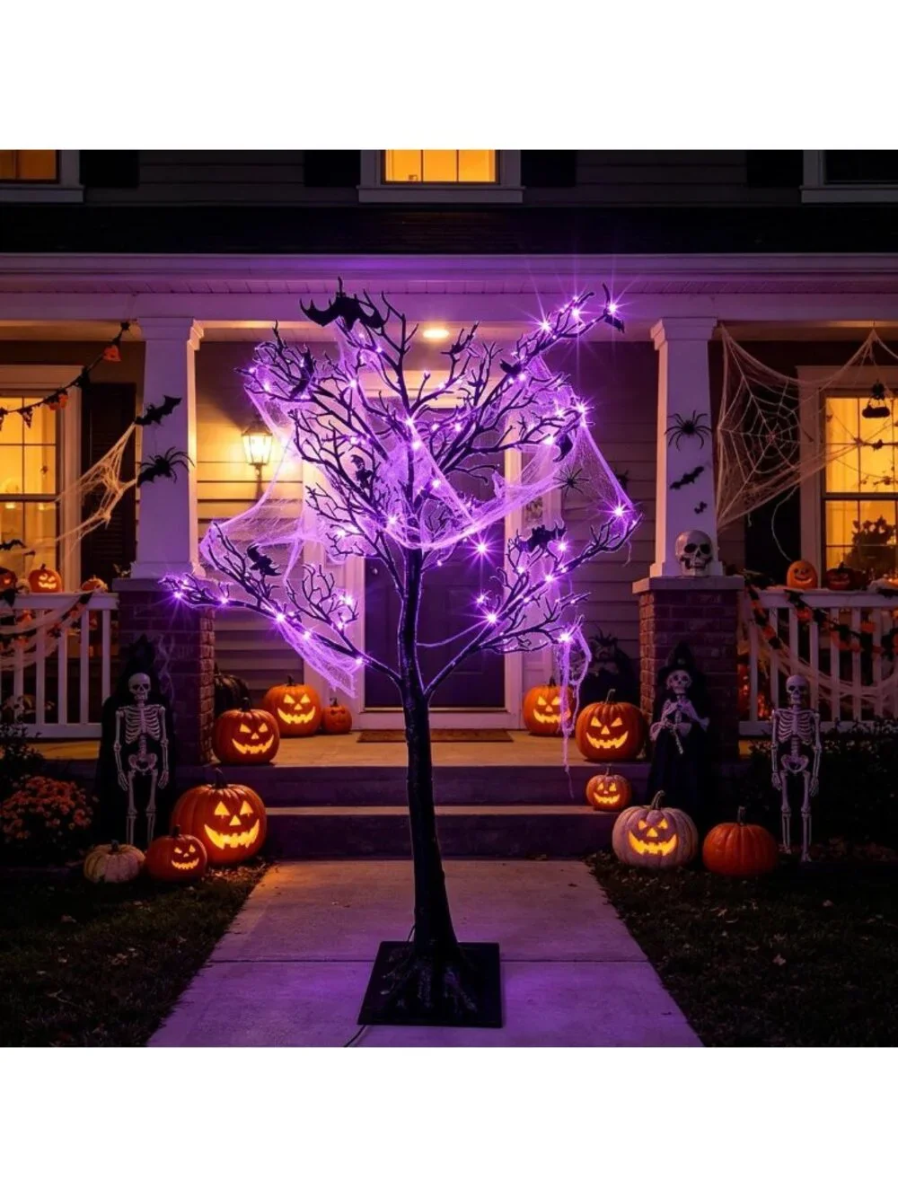 4ft Lighted Black Halloween Tree with 150 LED Orange & Purple Lights - Spooky